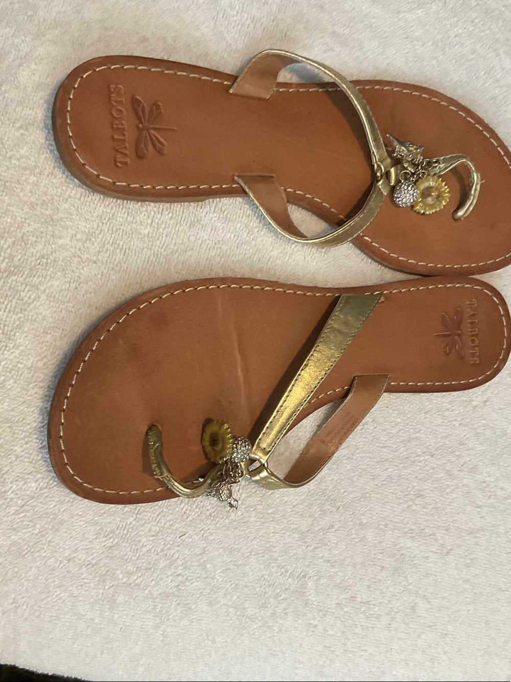 Talbots Gold Leather Floral Charm Thong Sandals